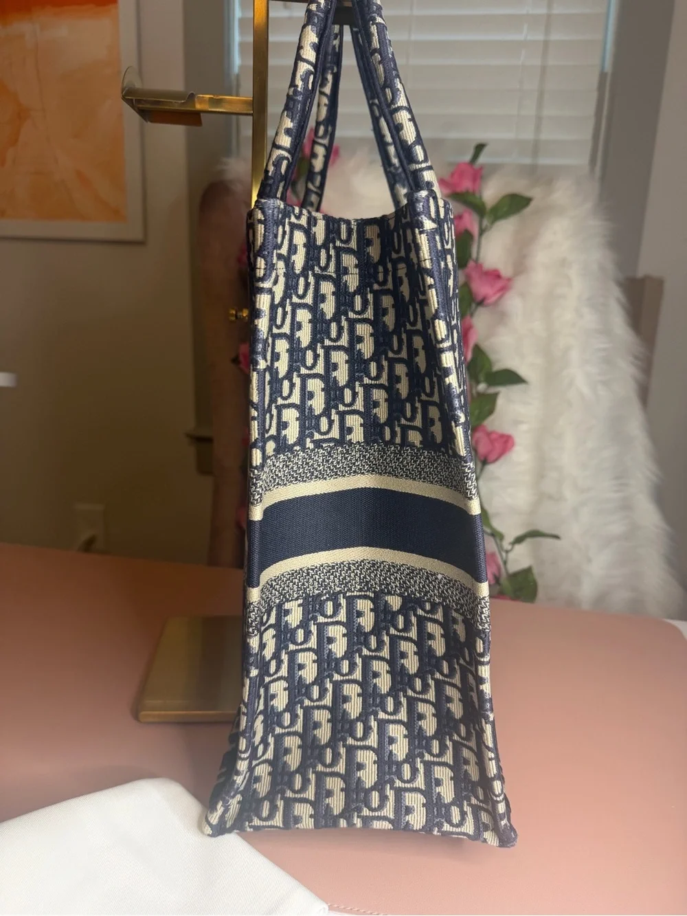 Christian Dior Book Tote Medium Navy Blue Dior Oblique Embroidery Canvas Handbag